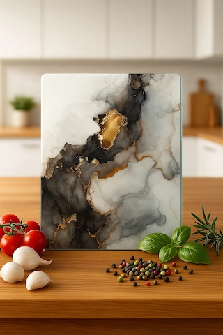 Cam Kesme Tahtası, Kesme Tablası Kenarları Oval, Antibakteriyal, Sunum Tahtası Siyah Siyah