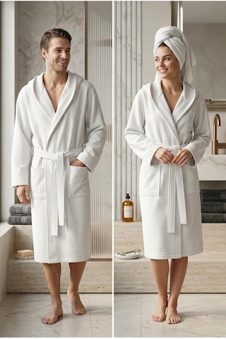 Soft Comfort Lacost Örgü Unisex Kapüşonlu Bornoz Beyaz