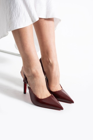 Lebibe Shoes Velmora Kadın Bordo Sivri Burun Slingback 11 Cm İnce Topuk Taş Aksesuar Detaylı Ayakkabı