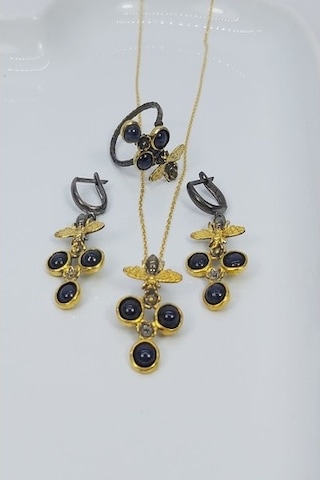 925 Ayar Safir Taşlı 3 Lü Gümüş Set
