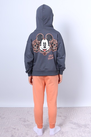 Erkek Çocuk Kapşonlu Eşofman Takımı Mickey Mouse Sırt Baskılı Ribanalı F3 Turuncu