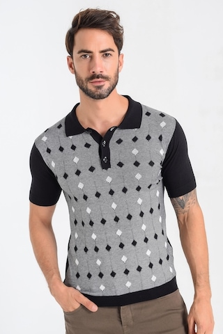 Heyss Kısa Kollu Polo Yaka Desenli Erkek Triko Siyah