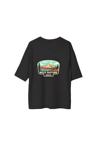 Paybuy Erkek Oversize Tişört Dağ Manzara Baskılı Outdoor Keşif Teması Re Siyah