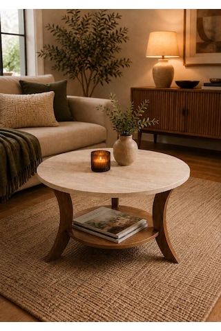 Orta Sehpa Traverten Desen Ceviz 75 Cm Çap - Mdf Ayak 46 Cm Yükseklik Modern Orta Sehpa Ceviz Traverten Traverten - Ceviz