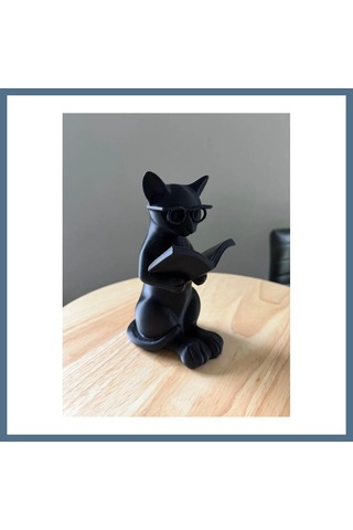 Buradabulabilirsin 3d Baskı Gözlüklü Kitap Okuyan Kedi Figürü Masaüstü Dekoratif Kedi Heykeli Siyah Bbz