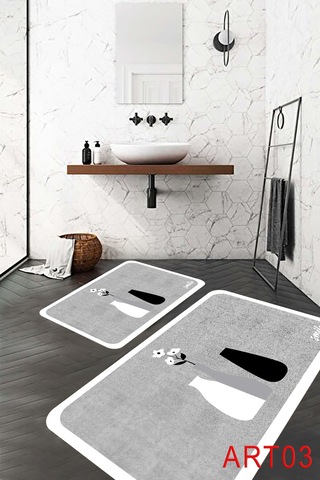 Eco Concept Banyo Paspası, Kaymaz Taban, Çiçek Desenli, Klozet Ta Gri - Beyaz