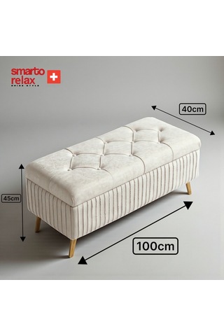 Smarto Relax Swiss Style Puf , Appenzell Kapitone Sandıklı Puf, Babyface Kaplama, 100x40x45 Cm, Ahşap Ayaklı ,sandıklı Dekoratif Puf Ekru Bej