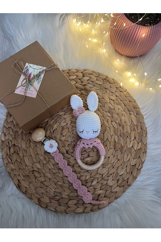 Amigurumi Emzik Zinciri Çıngırak Set Beyaz - Pembe