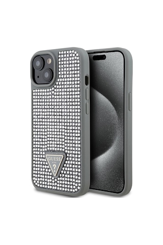 Apple iPhone 15 Uyumlu Kılıf Guess Lisanslı Taşlı Arka Yüzey Üçgen Logolu Kapak Gümüş