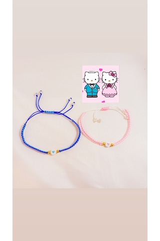 Hello Kitty Sevgili Kalp Detaylı Makrome Çift Bileklik Seti Çok Renkli