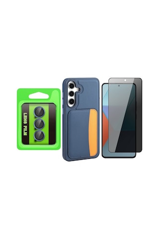 Vendas Galaxy Uyumlu  S25 Fe Kılıf Kartlıklı Zore X-kart Silikon Kapak + Kamera Lens+ Hayalet Ekran Koruyucu Lacivert