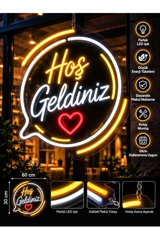 Hoş Geldiniz Neon Led Tabela 60x30 Cm Işıklı Pleksi Karşılama Tabelası Vitrin Dekorasyon