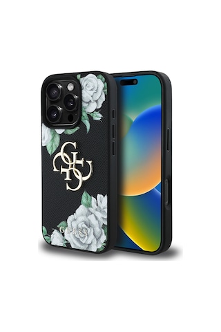 Apple Uyumlu iPhone 16 Pro Max Kılıf Guess Lisanslı Beyaz Gül Baskılı Büyük 4g Metal Logolu Kapak Siyah