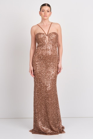 Explosion Kadın Pul Payet Göğüs Dekolteli Saten Askılı Maksi Boy Abiye Elbise 58004 Bakır Bakır