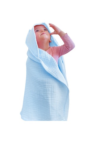 4 Katlı Müslin Kapşonlu Bebek Çocuk Banyo Havlusu Kundak Mavi