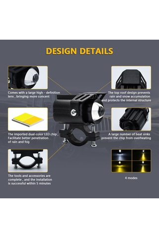 Xindoker Motosiklet Spot Lambası Çift Paket Siyah 60w 9-80v 4 Işık Modu Beyaz/sarı/sarı+beyaz/flash 200m Etkili Mesafe Zes-3570 Işık Pilleri