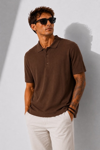 Ribana Erkek Kısa Kollu Fitilli Yarım Düğme Kapama Polo Yaka T-shirt 26001 Kahverengi