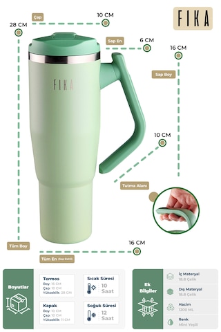 Fika Lumi Patentli Döner Kulplu Sızdırmaz Çelik Termos 1200 Ml - Bej Mint Yeşili