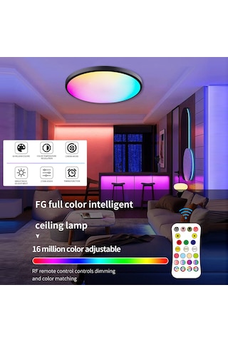 Neevoyu Oda İçin Siyah Çerçeveli Dairesel Led Tavan Lambası - Rgbcw Tam Renk, Akıllı Rf Kumanda, Aydınlatma Ve Renk Ayarlama, 220v-240v Avrupa Standartı Siyah