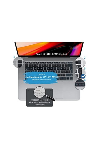 Macbook Air 13 Retina Türkçe F Klavye Koruyucu A1932 A2179 A2337 M1 2018-2020 Uyumlu Silikon Keyboard Cover Touch Id
