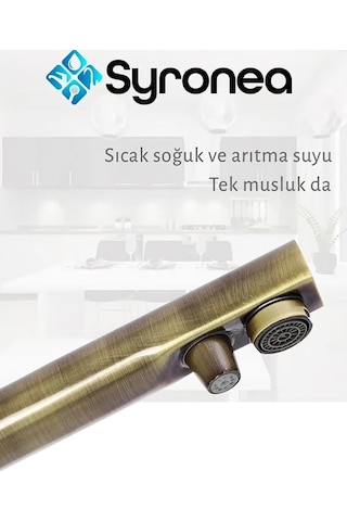 Antik Renk Arıtma Çıkışlı Mutfak Eviye Bataryası 3 Yollu Sıcak Soğuk Ve Arıtma Girişli Musluk Antik