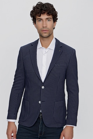 Morven Erkek Örme Çizgili Slim Fit Torba Cep Ceket 2009 Lacivert