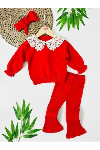 Çiçek Fisto Yaka Detay Fitilli Tayt Mevsimlik 3 Parça Set Kırmızı