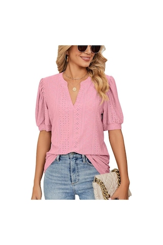 Yaz Katı Dantel Kadın Gömlek Zarif Içi Boş Puf Kısa Kollu Kazak Bluz Kadın Rahat V Yaka Gevşek Kadın Üstleri Blusas 24698 Pembe