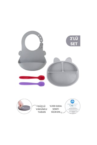 3'lü Silikon Beslenme Seti Bpa Free, Silikon Mama Önlüğü + Vakumlu 3 Gözlü Tabak + 2 Adet Kaşık