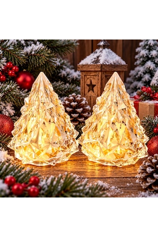 2 Adet Mini Kristal Led Işıklı Yılbaşı Ağacı Işıklı Çam Ağacı Işıklı Noel Ağacı Gün Işığı Led Işıklı 9 CM