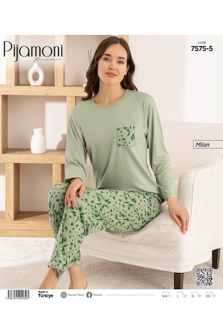 Pijamoni Kadın Milan Bisiklet Yaka Uzun Kol İnce Pijama Takımı 7575/5 - 1 Adet Yeşil