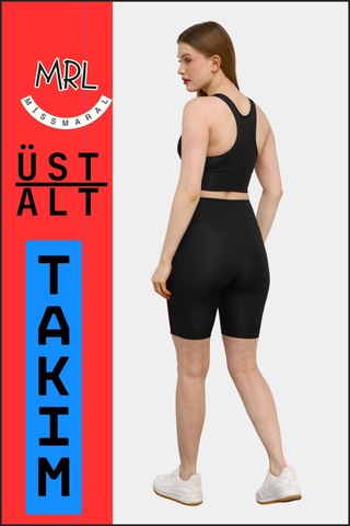 Kadın Siyah Takım Alt-üst Kısa Şort-tayt Ve Pedli Sporcu Büstiyer 2li Set Kırmızı Biyeli Elt3043 Siyah Kırmızı