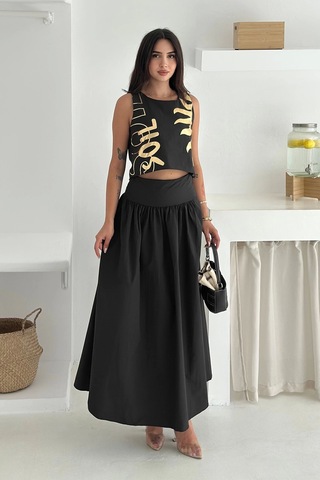 Asprin Fashion Varak Baskılı Crop&etek Takım Papertouch Kumaş Siyah