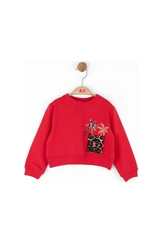 Nk Kids Kız Bebek Pamuklu Leopar Cep Detaylı Sweatshirt-14789 Kırmızı