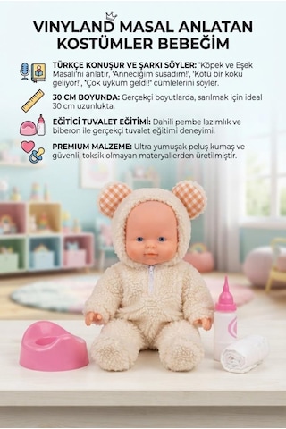 Masal Anlatan Ve Altını Islatan Kostümlü Bebek Kafası Kolları Et 30 Cm Lazımlık Ve Biberon Hediyeli