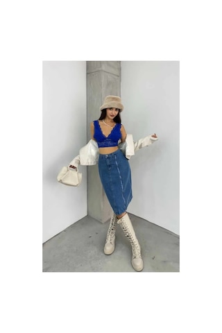 Kene Jeans Yüksek Bel Mavi Ön Fermuar Detaylı Kot Etek Mavi