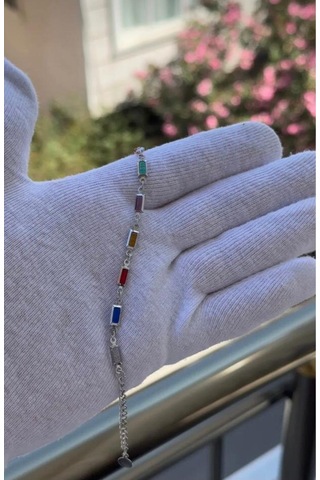 Kadın Gümüş Renk Renkli Zirkon Taşlı Özel Tasarım Bileklik 18 Cm Gümüş