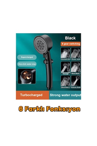 Turbo Fan Pervaneli 5 Fonksiyonlu Star Stop Su Tasarruflu Duş Başlığı Pervaneli Turbo El Duşu Siyah Çok Renkli