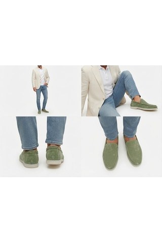Growish Gd0136 Adaçayı Yeşili Hakiki Süet Deri Yeşil Renk Kombin Uyumlu İthal Beyaz Taban Günlük Loafer Casual Ayakkabı