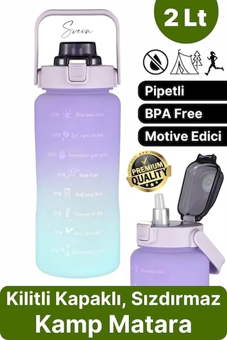 Premium 2 Lt Pipetli Kilitli Sızdırmaz Kapaklı Kamp Sağlıklı Motivasyon Suluk Matara Spor Su Şişesi