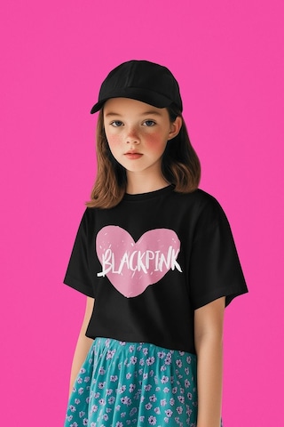 Sevbano Blackpink Kalp Temalı Baskılı Unisex Müzik Grubu Çocuk Tişört 1- Siyah