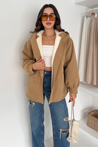 Kadın Peluş Astarlı Kapüşonlu Mont Winter Hug Bej