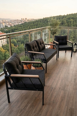 Familieconcept Metal Bahçe Balkon Oturma Grubu 2+1+1 Set - Ahşap Kollu Lüks Teras Çay Seti - Antrasit Gri