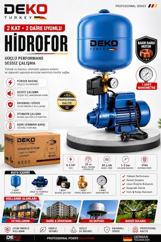 Deko Dttqbtank 24 Lt Tanklı Otomatik Hidrofor 0.5 Hp Bakır Sargılı Su Motoru 2 Kat 2daire Basınç