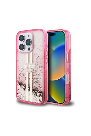 Apple Uyumlu iPhone 16 Pro Max Kılıf Guess Lisanslı Transparan Sıvılı Simli Altın Çizgili Kapak Pembe