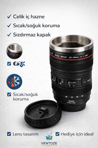 Fotoğrafçı Lensi Tasarımlı Kupa Bardak - Fotoğraf Makinesi Objektifi Görünümlü Çelik Termos Bardak -