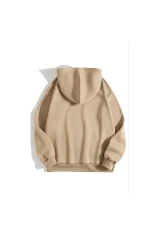 Primemagazam Kadın Kapüşonlu Kanguru Cepli 3 İplik Pamuklu Düz Hoodie Sweatshirt - Bej Çeşitli