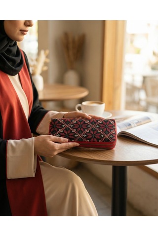 Zaytoon Filistin Geleneksel Renkli Kırmızı Nakışlı Çift Fermuarlı Kadın Büyük Cüzdeni 20x10 Cm A100027 Kirmizi