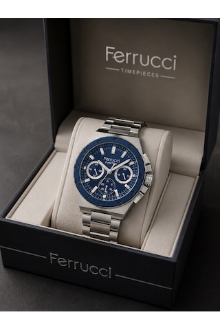 Ferrucci Fc90726 Gümüş Renk Lacivert Kadran Spor Model Fonksiyonlu Çelik Erkek Kol Saati