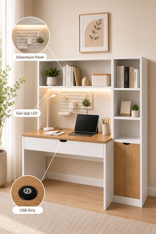 Bilgisayar Masası, Veni Ledli Usb Girişli Çalışma Masası Kitaplıklı Ceviz